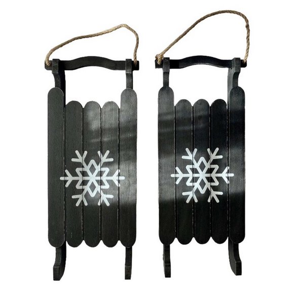 Winter Farmhouse Snowflake Decorations Hangable Wood Sleds Pkg of 2 - Picture 4 of 5